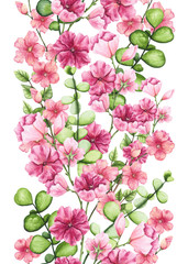 Seamless Border of Watercolor Bright Pink Flowers