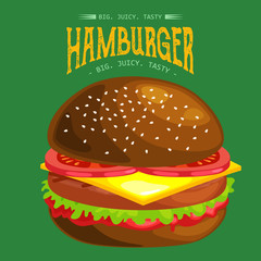 tasty burger grilled beef and fresh vegetables dressed with sauce in bun for snack or lunch, hamburger is classical american fast food meal usual menu could be barbecue meat bread tomato cheese