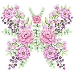 Floral Butterfly with Watercolor Flowers, Berries and Leaves