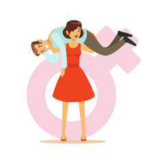 Woman in a red dress holding man on her shoulders, feminism colorful characters vector Illustration