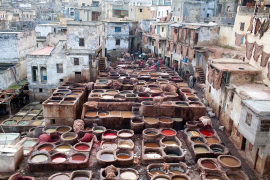 Panorama of the Tannery souk in Fez, Morocco