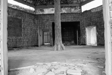 Interior of abandoned restaurant. Black and white tone