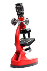 Microscope for biology and flasks on white background