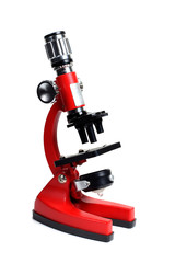 Microscope for biology and flasks on white background