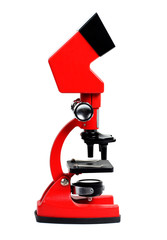 Microscope for biology and flasks on white background