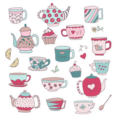 Set of cute doodle cups, teapots and cupcakes in pastel colors