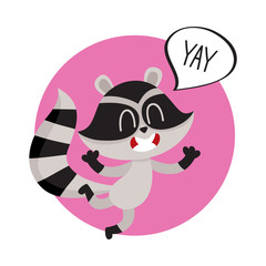 Cute raccoon character jumping from happiness with word Yay in speech bubble, cartoon vector illustration isolated on white background. Sticker with happy and excited little raccoon shouting Yay