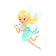 Beautiful sweet smiling blonde Tooth Fairy girl flying and holding tooth colorful cartoon character vector Illustration
