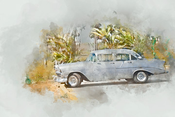 Silver old car in Cuba, watercolor
