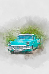 Obraz na płótnie Canvas Old car in Cuba, front, watercolor