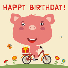 Happy birthday! Cute pig rides on bike with birthday gift. Card for birthday with pig in cartoon style.