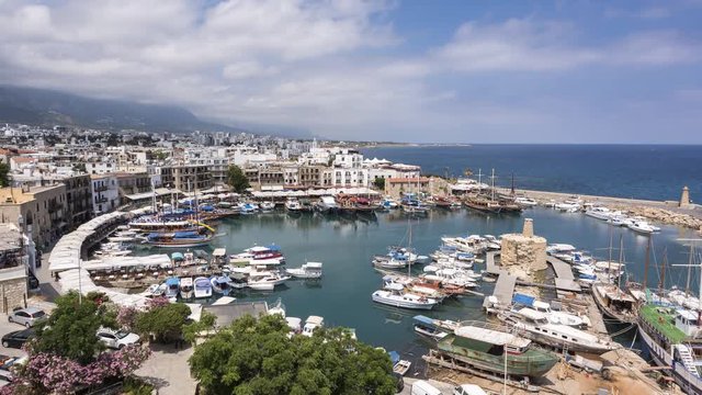 Panoramic view of Kyrenia (Girne) old harbour,  Cyprus. Time lapse.