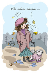 Girl walking with a dog in late autumn, vector illustration.