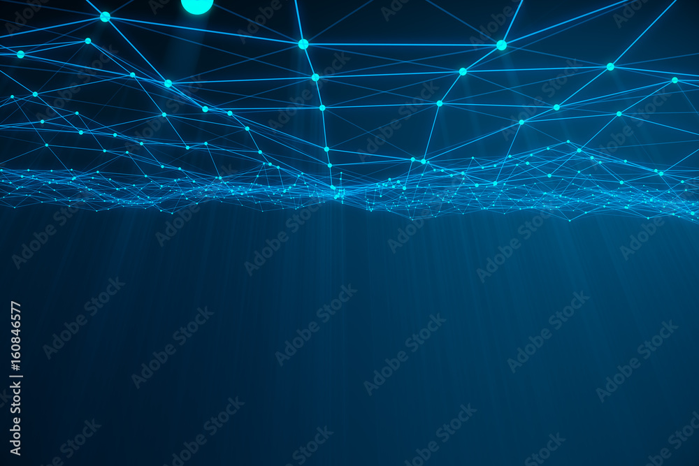 Poster abstract 3d rendering of chaotic structure. light background with lines and spheres in empty space. 