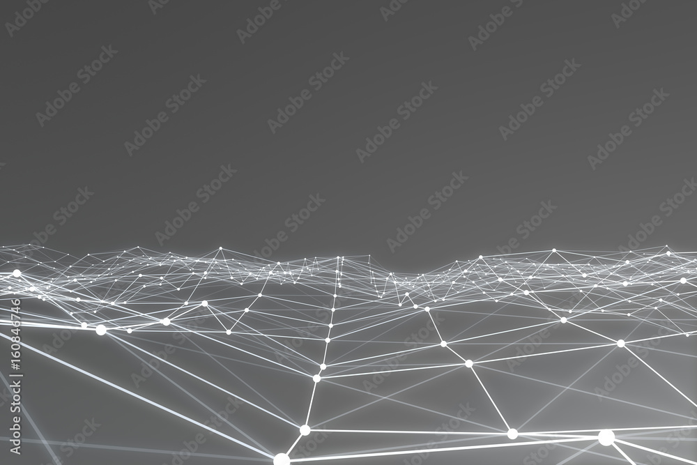Poster abstract 3d rendering of chaotic structure. light background with lines and spheres in empty space. 
