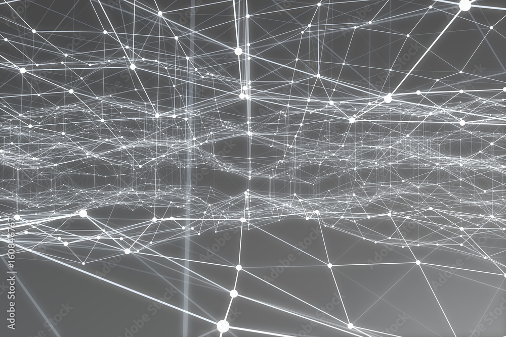 Poster abstract space gray tint background. chaotically connected points and polygons flying in space. flyi