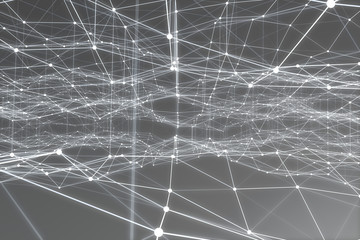 Abstract space gray tint background. Chaotically connected points and polygons flying in space. Flying debris. Futuristic technology style. Elegant background for business presentations. 3D rendering