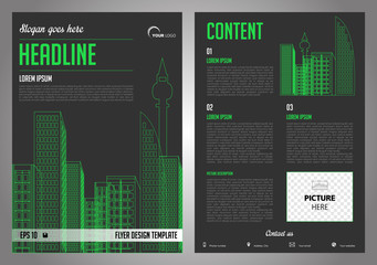 Vector flyer, corporate business, annual report, brochure design and cover presentation with wireframe vector city in green color.