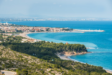Naklejka na ściany i meble View of the costline Costa Dorada, Spain, sandy beaches, landsc