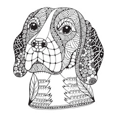 Beagle dog head zentangle stylized, vector, illustration, freehand pencil, hand drawn, pattern. Zen art. Ornate vector. Lace.