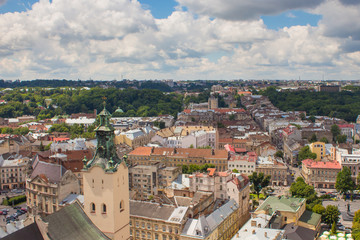 Obraz premium Aerial panoramic view of Lviv with the most famous sights from Lviv city hall, Ukraine