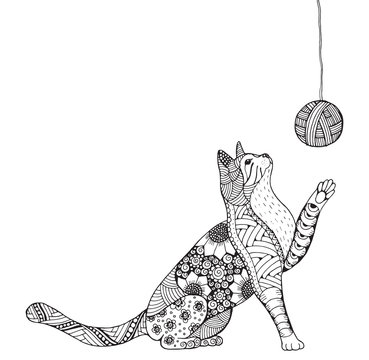 Small  kitten and clew of thread. Cat playing. Zentangle stylized cat. Zen art.