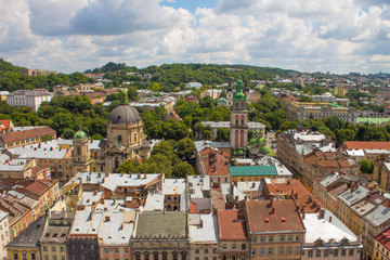 Fototapeta na wymiar Aerial panoramic view of Lviv with the most famous sights from Lviv city hall, Ukraine