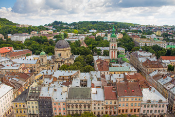 Naklejka na ściany i meble Aerial panoramic view of Lviv with the most famous sights from Lviv city hall, Ukraine