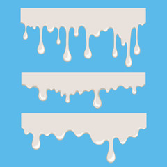 White cartoon slime on blue background. Abstract splash of white liquid. Drop and splashing cream or yogurt. Phlegm, goo, sludge, milk products and paint. Vector illustration. - obrazy, fototapety, plakaty