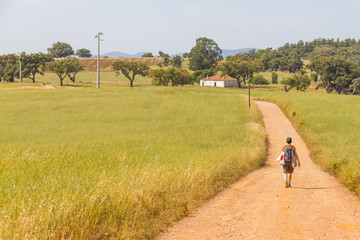 Fototapeta na wymiar Girl hiking in Farm field with wheal plantation and trees in Vale Seco, Santiago do Cacem