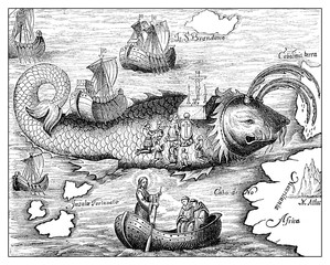 Crusaders worshipping the crucifix on the back of a marine monster off the African coast © acrogame