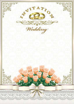 Wedding card. Background with roses and rings