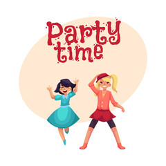 Two girls dancing at party, one in blue dress, another wearing skirt and leggings, cartoon vector illustration with space for text. Happy girls dancing, having fun at a kids party