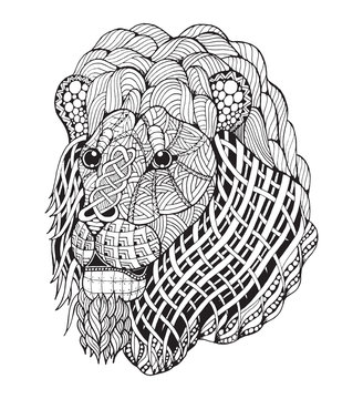 Lion head zentangle stylized, vector, illustration, freehand pencil, hand drawn, pattern. Zen art.