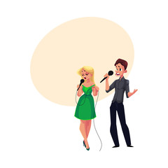 Man and woman singing in duet, karaoke party, contest, competition, cartoon vector illustration with space for text. Full length portrait of two karaoke singers singing together