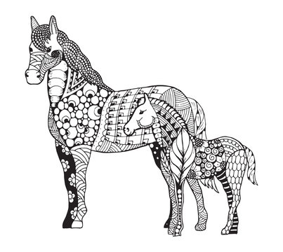 Mare with little foal zentangle stylized. Freehand pencil. Zen art. Hand drawn.