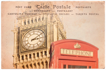 Big Ben and a red english phone booth in London, UK, collage on sepia vintage postcard background,...