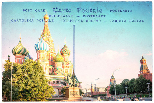St Basil cathedral in Moscow, Russia, collage on vintage postcard background, word "postcard" written in several languages