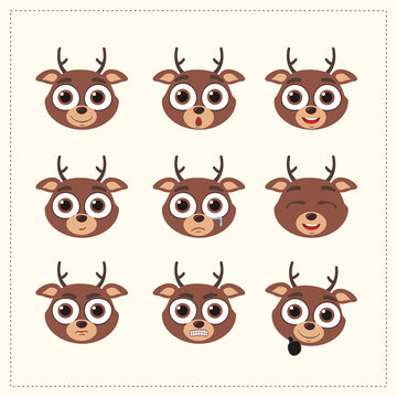 Set funny face reindeer different emotion. Collection emoticons of cartoon reindeer isolated.