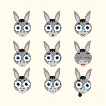 Set funny face donkey different emotion. Collection emoticons of cartoon donkey isolated.