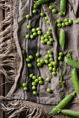 Young organic green pea pods and peas over old dark wooden planks with sackcloth textile background. Top view with space. Harvest, healthy eating.