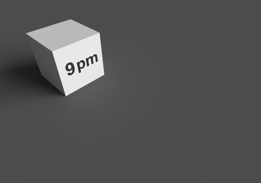 3D RENDERING WORDS 9 pm ON WHITE CUBE, STOCK PHOTO