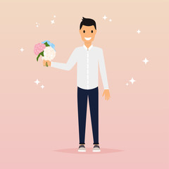 Man with a bouquet of flowers. Flat design elements, minimalist style. Vector illustration.