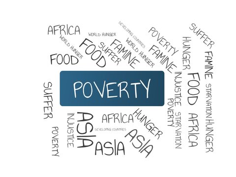 POVERTY - image with words associated with the topic FAMINE, word cloud, cube, letter, image, illustration