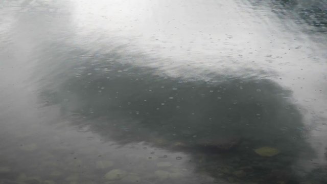 Raindrops fall on a calm lake
