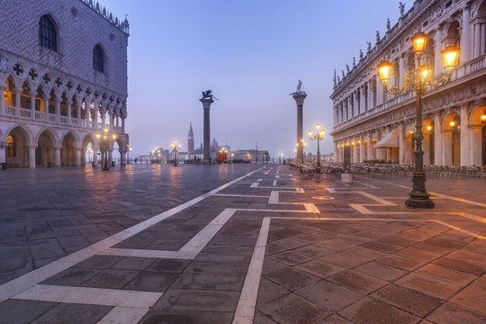 Europe, Italy, Veneto, Venice. Morning view of Piazzetta San Marco near St Marks Square with Doge's Palace