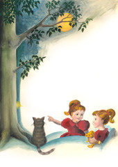 Mädchen mit Katze unter einem Baum bei Nacht