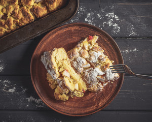 Rustic style pie iced with sugar powder