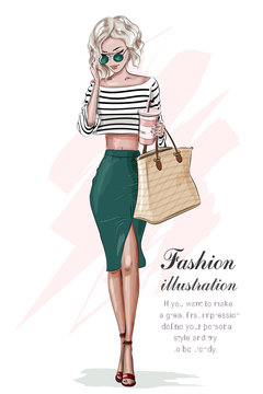 Stylish blonde girl in fashion clothes, with bag and coffee cup. Hand drawn beautiful girl. Fashion woman. Sketch. Vector illustration. 
