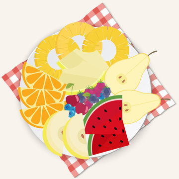 Fruits and berries plate. Vector illustration.
